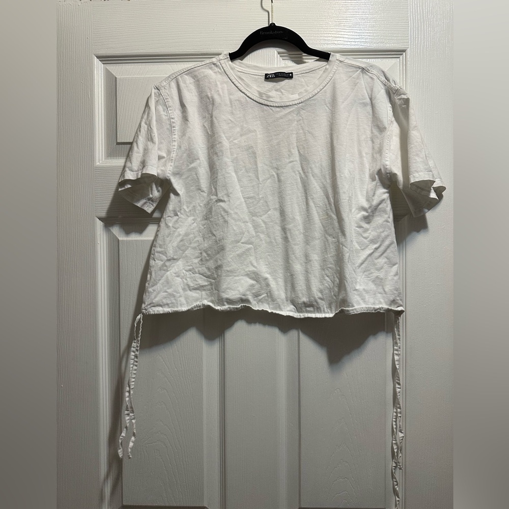 Zara White Tie Front Crop Top with Short Sleeves